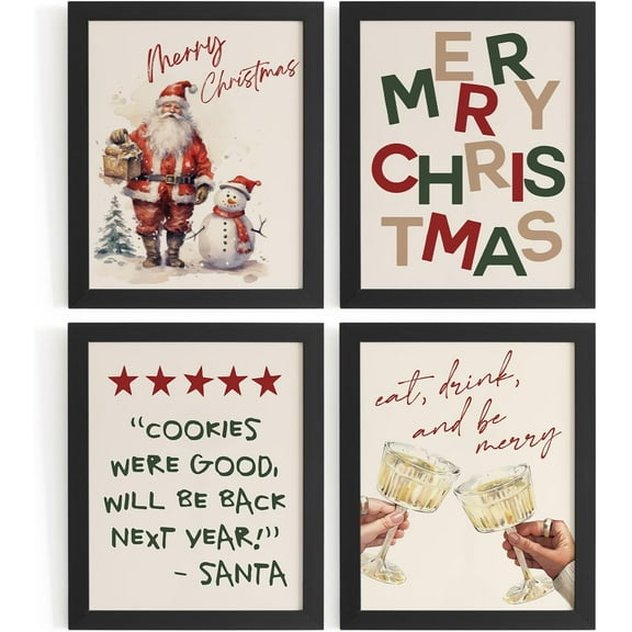 Hieng Vintage Christmas Wall Decor,Trendy Christmas Retro Posters for Room, Santa Snowman Deer Nutcracker Xmas Wall Art Prints for Living Room Kitchen Bedroom Office Set of 4 Unframed