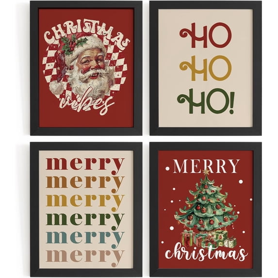 Hieng Vintage Christmas Wall Decor,Trendy Christmas Retro Posters for Room, Santa Snowman Deer Nutcracker Xmas Wall Art Prints for Living Room Kitchen Bedroom Office Set of 4 Unframed