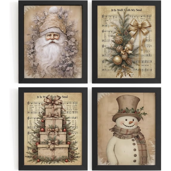 Hieng Vintage Christmas Wall Decor,Trendy Christmas Retro Posters for Room, Santa Snowman Deer Nutcracker Xmas Wall Art Prints for Living Room Kitchen Bedroom Office Set of 4 Unframed