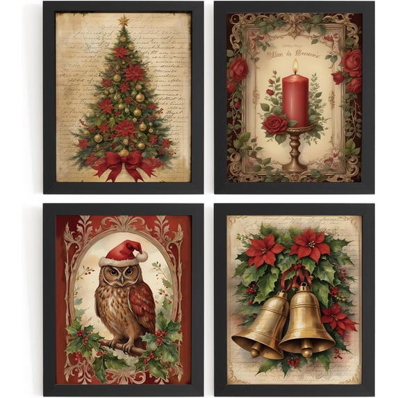Hieng Vintage Christmas Wall Decor,Trendy Christmas Retro Posters for Room, Santa Snowman Deer Nutcracker Xmas Wall Art Prints for Living Room Kitchen Bedroom Office Set of 4 Unframed