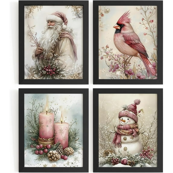 Hieng Vintage Christmas Wall Decor,Trendy Christmas Retro Posters for Room, Santa Snowman Deer Nutcracker Xmas Wall Art Prints for Living Room Kitchen Bedroom Office Set of 4 Unframed