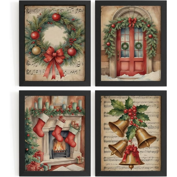 Hieng Vintage Christmas Wall Decor,Trendy Christmas Retro Posters for Room, Santa Snowman Deer Nutcracker Xmas Wall Art Prints for Living Room Kitchen Bedroom Office Set of 4 Unframed