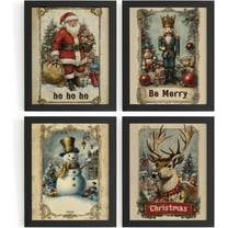 Hieng Vintage Christmas Wall Decor,Trendy Christmas Retro Posters for Room, Santa Snowman Deer Nutcracker Xmas Wall Art Prints for Living Room Kitchen Bedroom Office Set of 4 Unframed