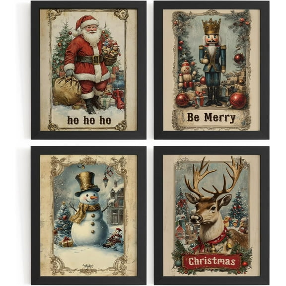 Hieng Vintage Christmas Wall Decor,Trendy Christmas Retro Posters for Room, Santa Snowman Deer Nutcracker Xmas Wall Art Prints for Living Room Kitchen Bedroom Office Set of 4 Unframed