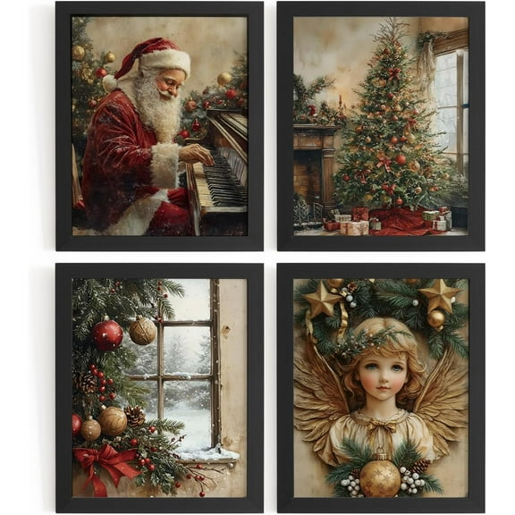 Hieng Vintage Christmas Wall Decor,Trendy Christmas Retro Posters for Room, Santa Snowman Deer Nutcracker Xmas Wall Art Prints for Living Room Kitchen Bedroom Office Set of 4 Unframed