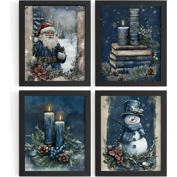 Hieng Vintage Christmas Wall Decor,Trendy Christmas Retro Posters for Room, Santa Snowman Deer Nutcracker Xmas Wall Art Prints for Living Room Kitchen Bedroom Office Set of 4 Unframed