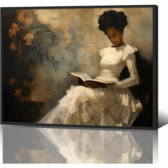 Hieng Vintage Female Portrait Reading A Book Poster, Famous Oil Painting Canvas Wall Art, Antique African American Wall Art, Retro Black Girl Pictures Wall Decor for Bedroom