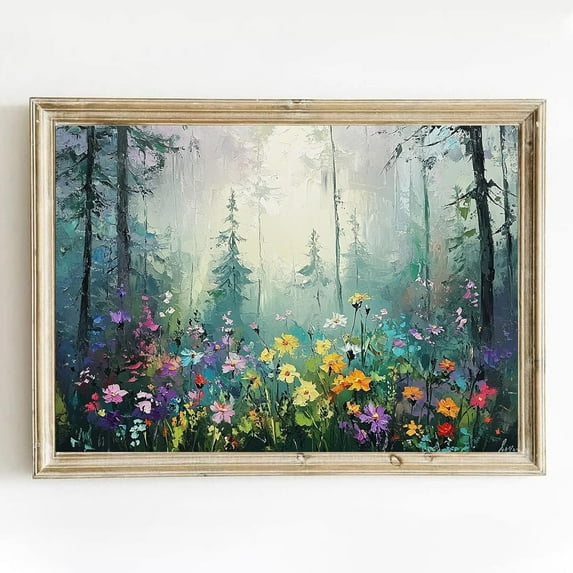 Hieng Vintage Flower Canvas Wall Art Colourful Flower Painting Forest Scene with Wildflowers Wall Art Landscape Poster Nature Flower Pictures for Roomch