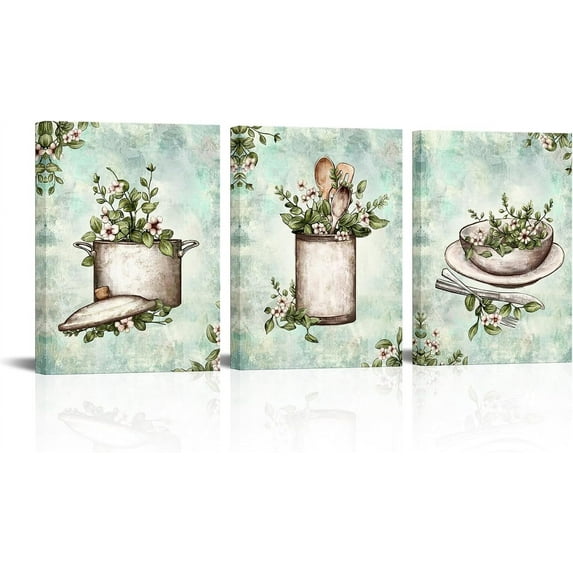 Hieng Vintage Kitchen Wall Art Canvas Farmhouse Kitchenware Painting Prints Retro Utensils with Flower Pictures Arkwork Dining Room Decor Unframed