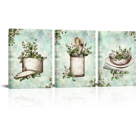 Hieng Vintage Kitchen Wall Art Canvas Farmhouse Kitchenware Painting Prints Retro Utensils with Flower Pictures Arkwork Dining Room Decor Unframed