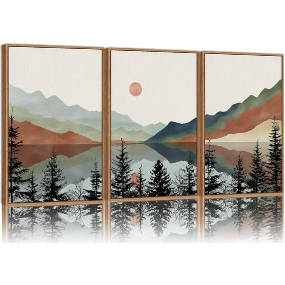 Hieng Vintage Landscape Framed Canvas Wall Art Set of 3, French Country Art Prints, Nature Green Trees and Lake Art Paintings, Rustic Aesthetic Wall Decor for Living Room Bedroom Office 16"x24"x3