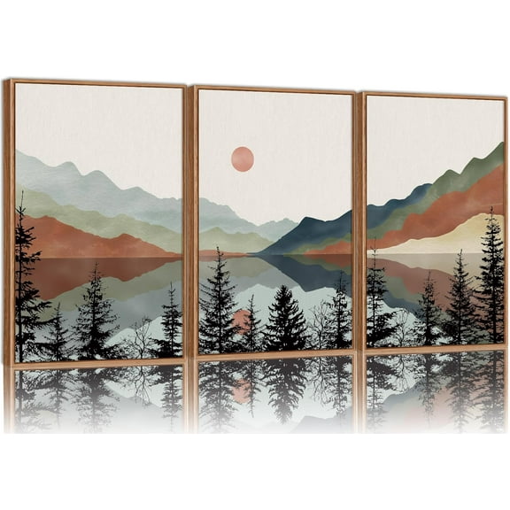 Hieng Vintage Landscape Framed Canvas Wall Art Set of 3, French Country Art Prints, Nature Green Trees and Lake Art Paintings, Rustic Aesthetic Wall Decor for Living Room Bedroom Office 16"x24"x3