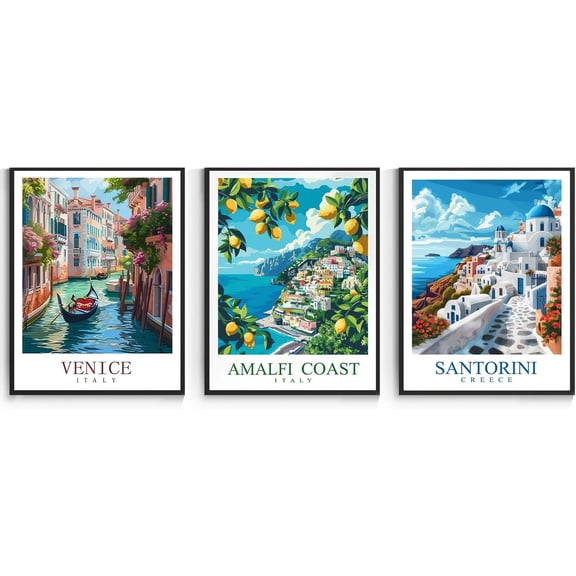 Hieng Vintage Travel Wall Art Canvas Italy Venice Amalfi Coast Pictures Set of 3 Blue Beach Posters Europe Landscape Painting Italian Decor Prints Living Room Bedroom Bathroom 16"x24" Framed