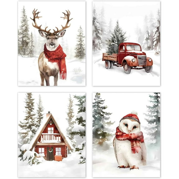 Hieng Vintage Winter Christmas Posters Prints Unframed Set of 4, Rustic Christmas Tree Wall Art Prints Decor for Living Room Bedroom Reading Nook Corner, Santa Claus Books Wall Pictures