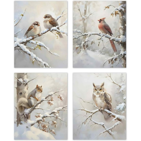 Hieng Vintage Winter Christmas Posters Prints Unframed Set of 4, Rustic Christmas Tree Wall Art Prints Decor for Living Room Bedroom Reading Nook Corner, Santa Claus Books Wall Pictures