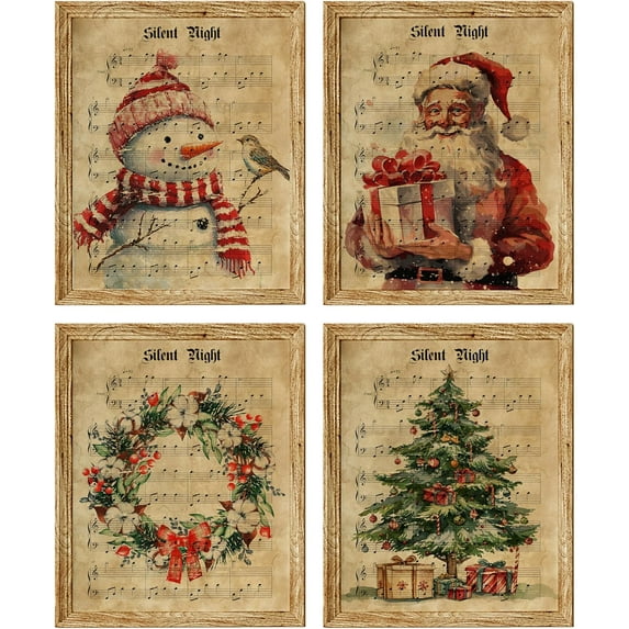 Hieng Vintage Winter Christmas Prints Poster Unframed Set of 4, Rustic Santa Claus Christmas Snowman Wall Art Decor for Living Room Bedroom Dorm, Retro Christmas Tree Wall Pictures Artwork