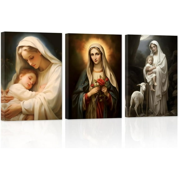 Hieng Virgin Mary Canvas Wall Art Jesus Mother Painting Prints Catholic Spiritual Pictures Wall Decor for Office Church Prayer Room（Only canvas）