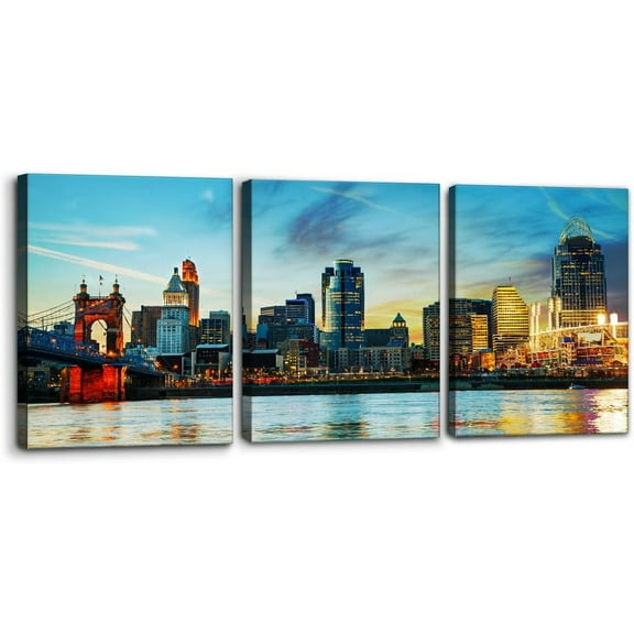 Hieng Wall Art for Living Room Cleveland Skyline Canvas Art Prints Ohio Cityscape Home Decor City Landscape Painting Picture Modern Artwork Wall Decor (only canvas)