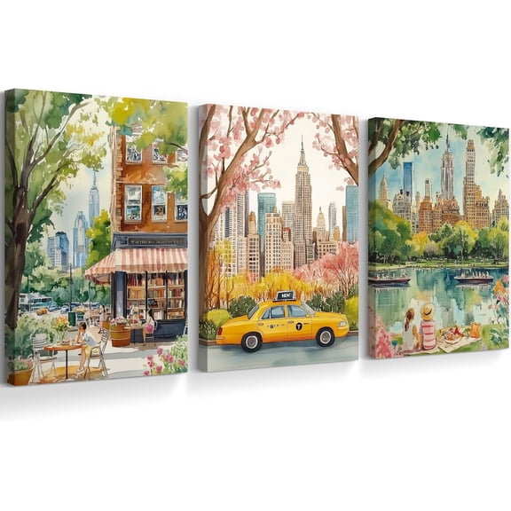Hieng Watercolor New York City Wall Art NYC Canvas Wall Decor NYC Painting New York Landmarks Poster Travel Wall Art Central Park Artwork for Bedroom Living Room 12x16 Inch Unframed Set of 3