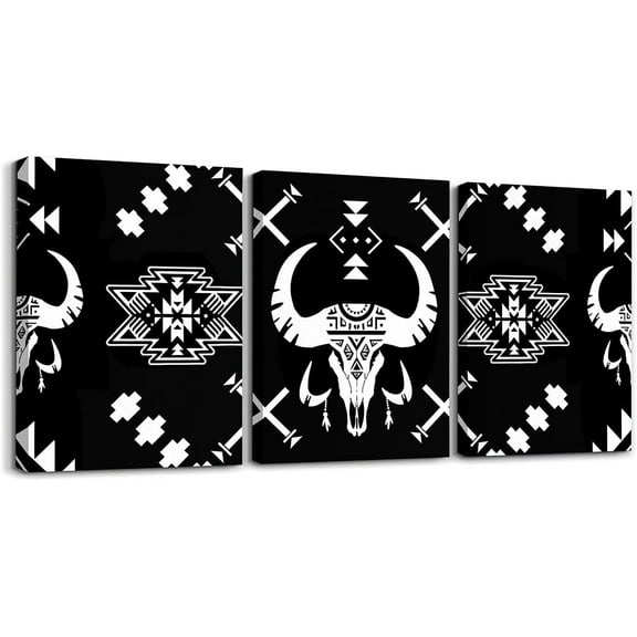 Hieng Western Bull Skull Wall Painting Posters and Prints Southwestern Aztec Picture Wall Decor Boys Girls Boho Tribal Canvas Wall Hieng for Living Room Bedroom Ethnic Bohemian