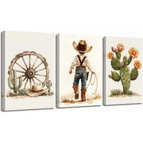 Hieng Western Cowboy Wall Hieng Set of 3 Nursery Canvas Prints Cactus Desert Poster Picture Cowboy Hats Paintings for Baby Boys Bedroom Children Decor Framed