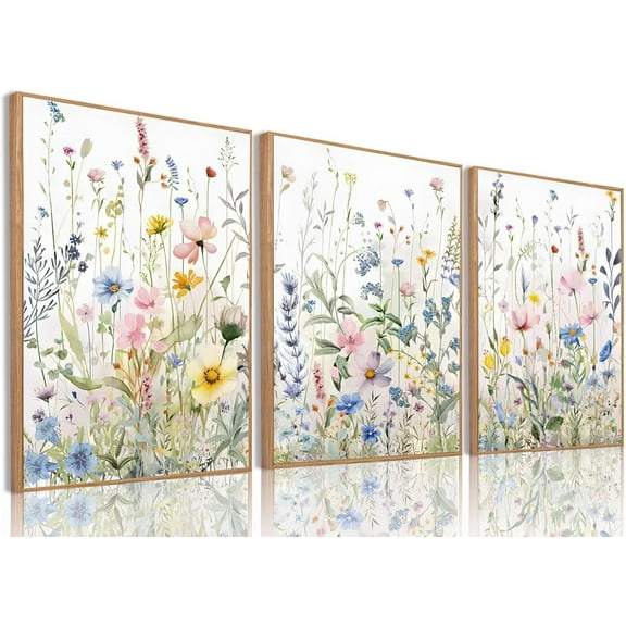 Hieng Wildflower Poster Pink Watercolor Botanical Floral WallColorful Canvas Prints Set of 3 Modern Minimalist Flower Pictures Decor Painting Bedroom Bathroom Living Room