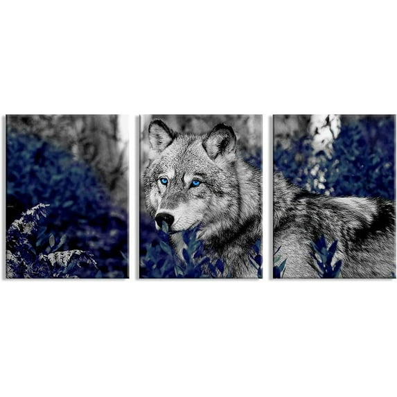 Hieng Wildlife Animal Canvas Wall Art Black White Wolf with Blue Eyes Picture Giclee Prints Artwork Framed and Stretched Painting for Modern Home Living Room Office Bedroom Bathroom Decoration