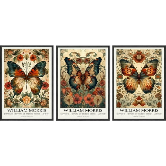 Hieng William Morris Wall Art Vintage Butterfly Poster Prints Set of 3 Botanical Flower Aesthetic Pictures Gallery Canvas Artwork Nouveau Painting Decor for Living Room Bedroom 16x24in Unframed