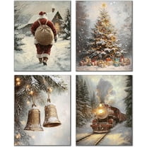 Hieng Winter Christmas Wall Art Prints Set of 4, Farmhouse Christmas Decor, Rustic Winter Santa Reindeer Forest Village Landscape Posters for Home Bedroom Living Room Decor Unframed