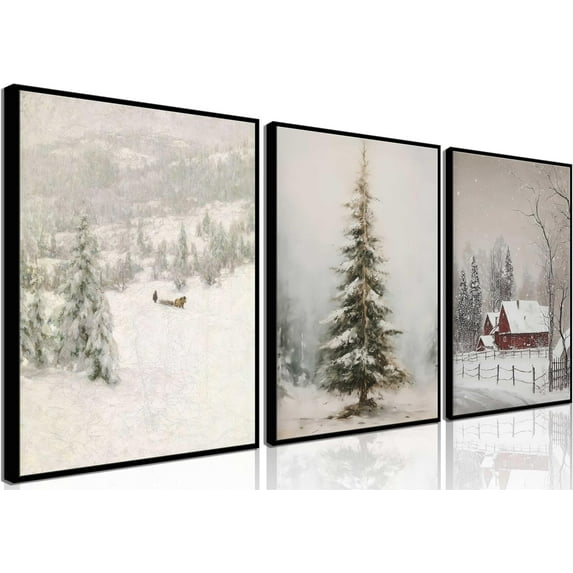 Hieng Winter Snow Scene Wall Art Vintage Christmas tree Old Red Barn Canvas Prints Forest Landscape Snow Painting Pictures Winter Trees Farmhouse Aesthetics Posters Wall Decor Unframed