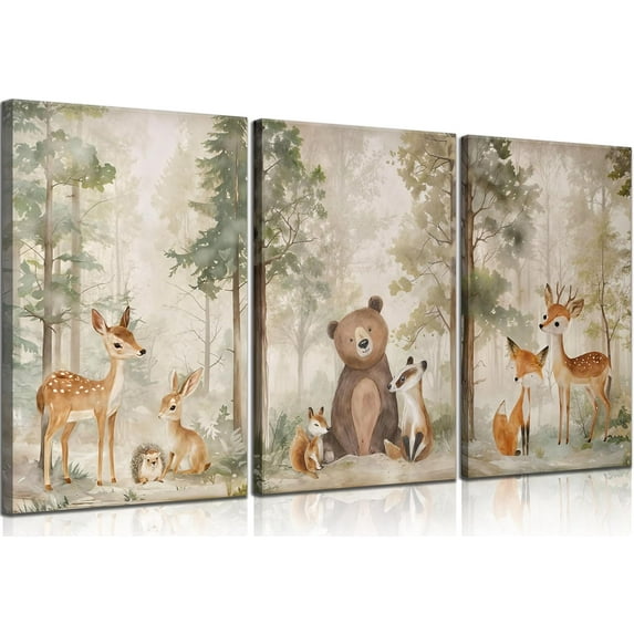 Hieng Woodland Animal Nursery Canvas wall Hieng Wild Animals Forest Paintings Pictures Wall Decor Fox Bear Deer Watercolor Poster Printing Hiengwork for Boys Room Girls Room Home Decoration