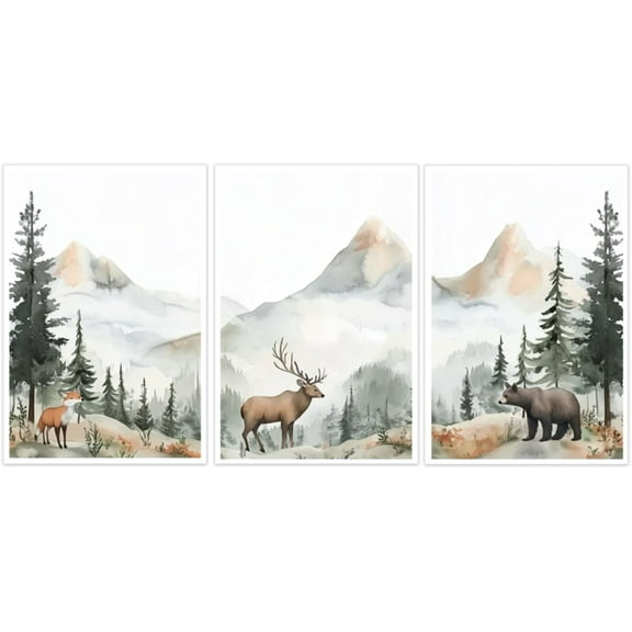 Hieng Woodland Nursery Wall Art 3 Pieces Deer Bear Fox Pictures Prints Wild Animals Forest Wall Decor Adventure Theme Canvas Paintings for Kids Room Unframed (20.00" x 28.00" x 3PCS)