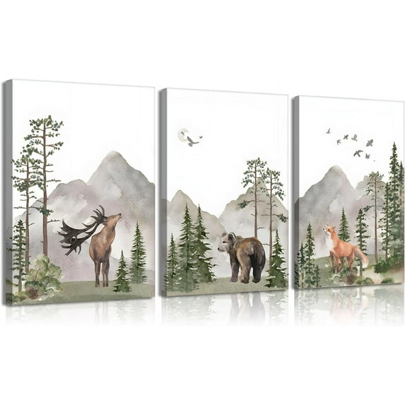 Hieng Woodland Nursery Wall Art Wild Animals Forest Wall Decor Prints Adventure Theme Canvas Posters Deer Bear Fox Watercolor Pictures Paintings for Boys Room Girls Room (canvas only)
