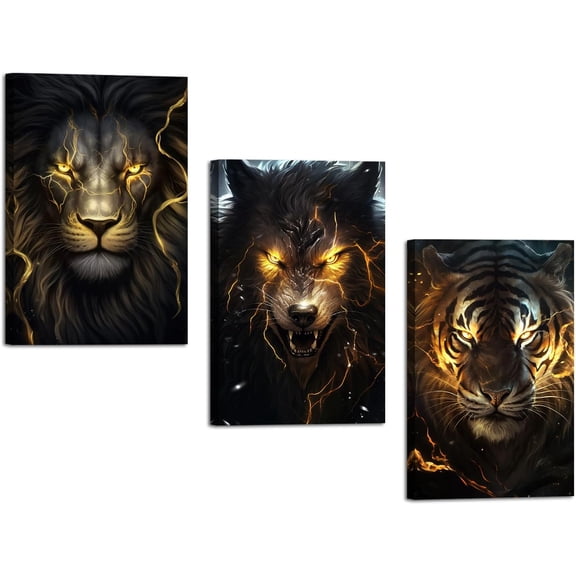 Hiengs Leopard Tiger Lion Wolf Wall Hieng Jungle Animal Portrait Canvas Prints Gold Palm Leaf Poster Pictures African Theme Paintings for Office Decor Framed