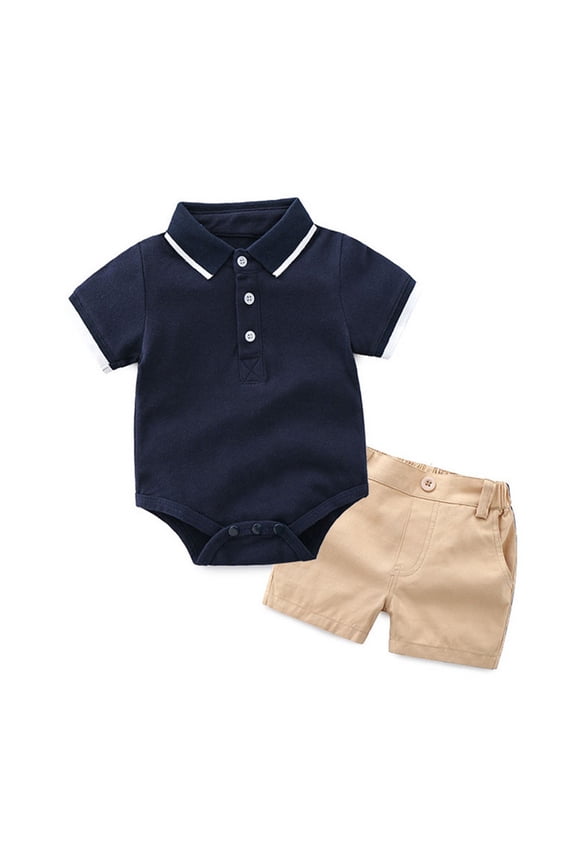 Baby Boys Outfits Solid Color Short Sleeve Polo Bodysuit & Shorts Set