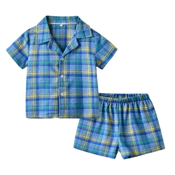 Hienoo Baby Boys Short Sleeve Button-Down Pajamas Plaid Loungewear Pj's Set, 2-Piece, 6-9 Months