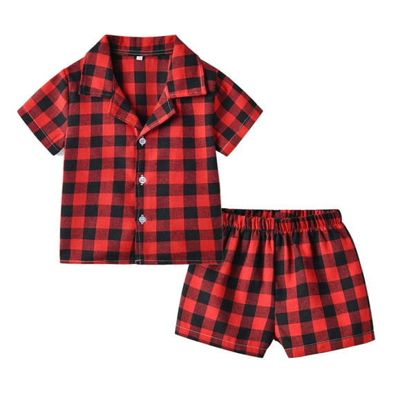 Hienoo Baby Boys Short Sleeve Top and Shorts Pajama Sets Plaid Kids Sleepwear Outfits