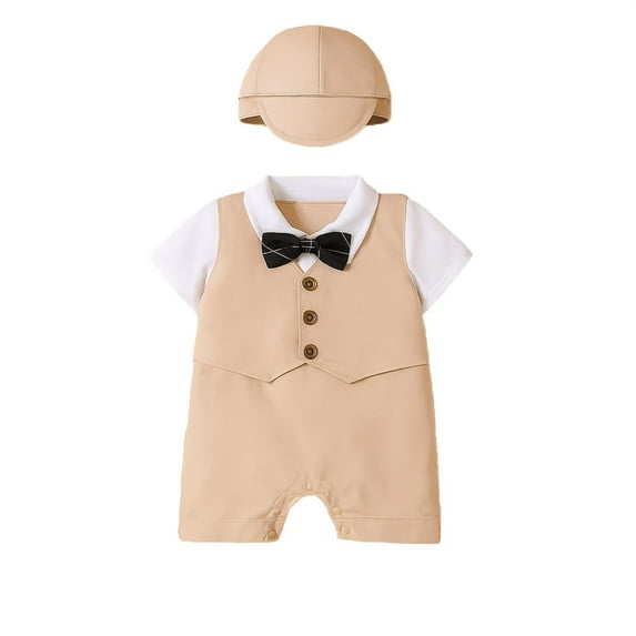 Hienoo Baby Boys Short Sleeve White Shirt Bowtie Tuxedo Jumpsuit Overall Romper Hat Outfits