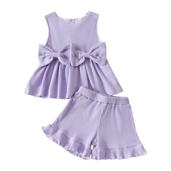 Hienoo Baby Girls Outfits Bow Ribbed Sleeveless Top Ruffles Shorts Set, Sizes 6M-4T