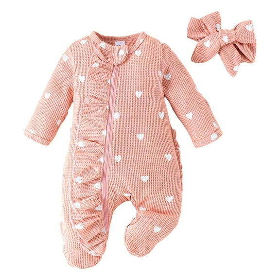 Hienoo Baby Girls Valentine's Day Ruffle Long Sleeved Jumpsuit with Hairband Outfits