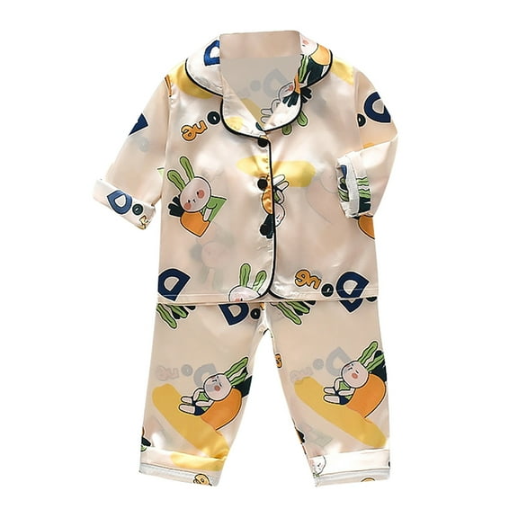 Hienoo Baby Kids Pajamas Boys Girls Animals Satin Button Down Shirt   Pants Sleepwear Set