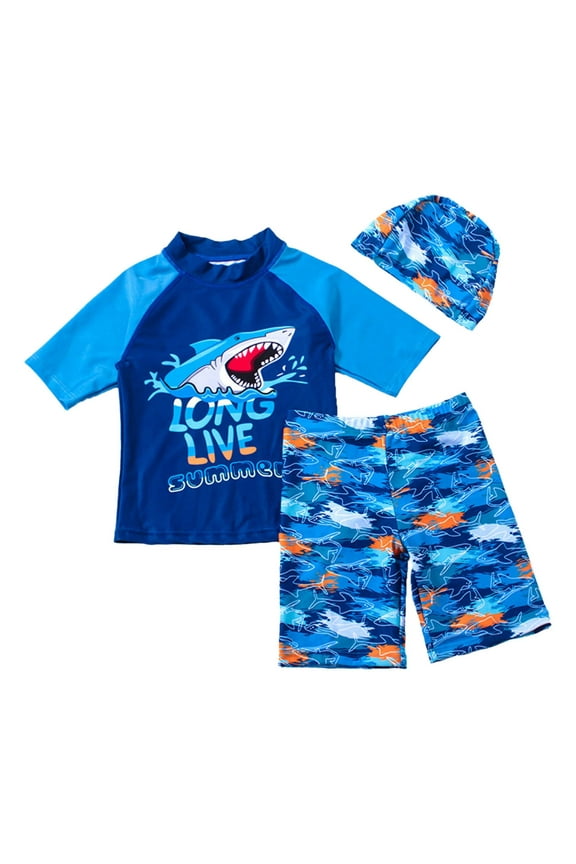 Big Boys 3-Piece Swimsuit Cartoon Shark Rash Guard Swim Trunk Bathing Suits
