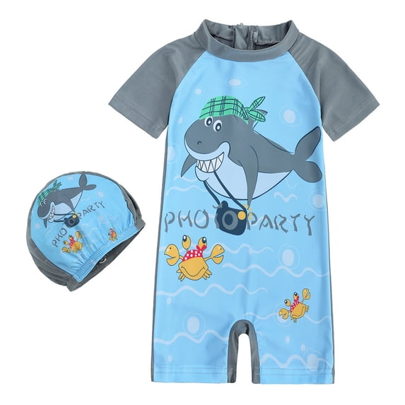 Hienoo Big Boys Cartoon Short Sleeve Rash Guard Quick Dry One-Piece Swimsuit with Hat