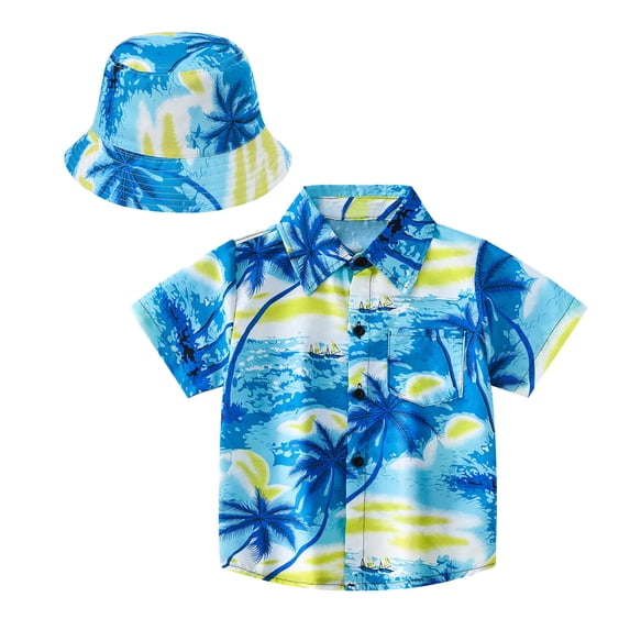 Hienoo Big Boys Hawaii Beach Shirt Short Sleeve Button Down Shirt & Hat, Sizes 2-12