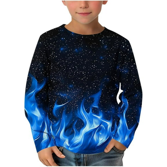 Hienoo Big Boys Long Sleeve T Shirt Fire Printed Casual Pullover Tshirt, Sizes 2-9