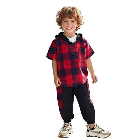 Hienoo Big Boys Outfits Plaid Long Sleeve Button Hooded Shirt and Pants 2-Piece Set
