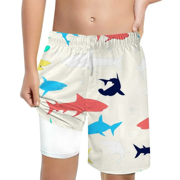 Hienoo Big Boys Shark Print Compression Liner Swim Trunks Beach Shorts