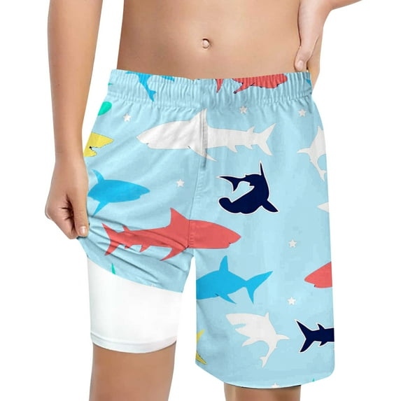 Hienoo Big Boys Shark Print Compression Liner Swim Trunks Beach Shorts
