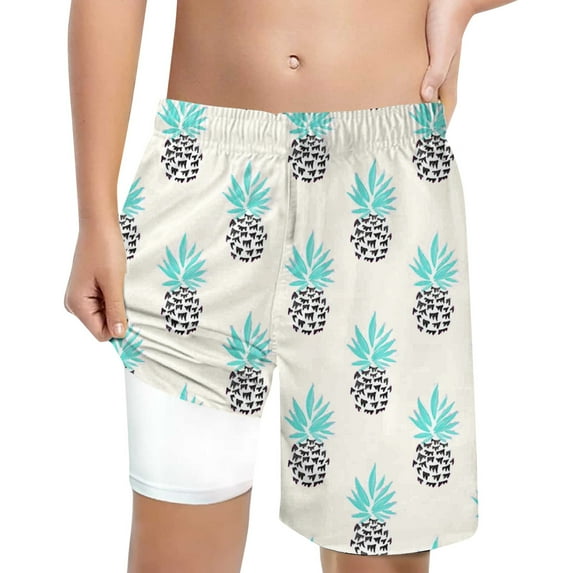 Hienoo Big Boys Swim Trunks with Compression Liner Print Beach Shorts