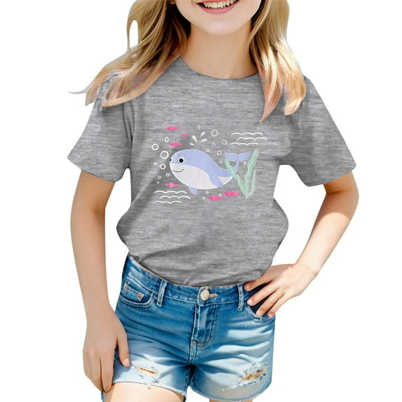 Hienoo Big Girl Summer Casual T Shirt Whale Print Short Sleeved T-Shirt, Sizes 12M-13T